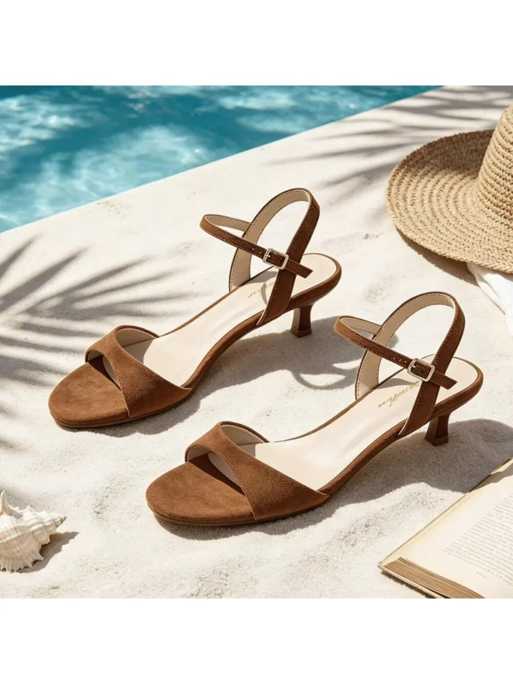 Women's Brown Suede Round Open Toe 1.5 Inch Low Heels Ankle Strap Heel Sandals